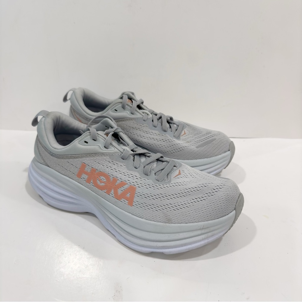 Hoka One One Women's Light Gray Mesh Athletic Sneakers with Peach Logo